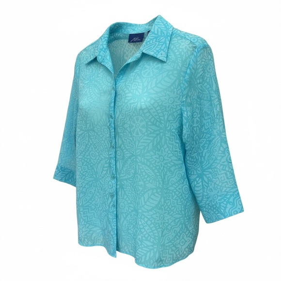 JH Collectibles Tops - J.H. Collectibles Sky Blue Sheer Aztec Print 3/4 Sleeve Button Women's L Blouse